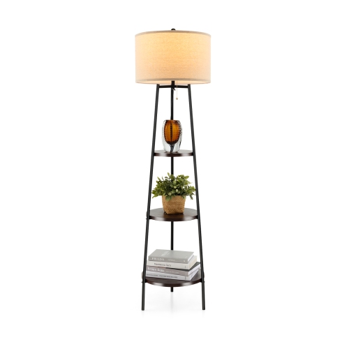 Modern Standing Lamp with Shelves and Linen Lampshade for Living Room