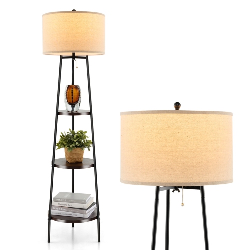 Modern Standing Lamp with Shelves and Linen Lampshade for Living Room