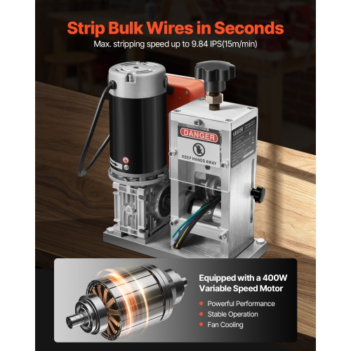 VEVOR 0.06-1.57 in Electric Wire Stripping Machine, 400W Automatic Motorized Cable Stripper, 9.84 IPS Wire Peeler with Blades, V-Shaped Rollers,