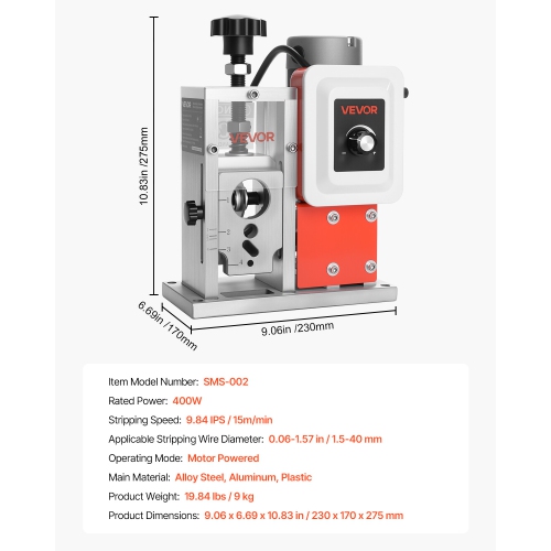 VEVOR 0.06-1.57 in Electric Wire Stripping Machine, 400W Automatic Motorized Cable Stripper, 9.84 IPS Wire Peeler with Blades, V-Shaped Rollers,