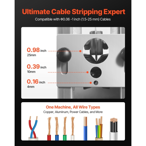 VEVOR 0.06-1 in Manual Wire Stripping Machine, Copper Stripper with Hand Crank or Drill Powered, 64Mn Quenched Blades, 45# Steel Rollers, Aluminum