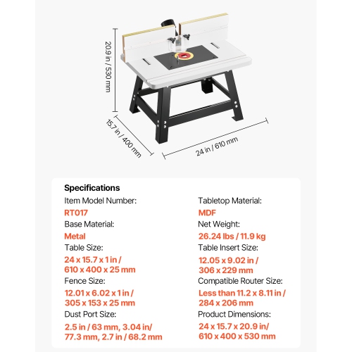 VEVOR 24 in x 15.7 in Benchtop Router Table, Bench Top Routing Table with Adjustable Fence, MDF Top, 2-1/2 in Dust Collection Port, Compatible with