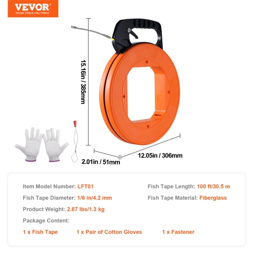 VEVOR 100 ft Fish Tape, 1/16-inch,Fiberglass Wire Puller with Optimized Housing and Handle,Easy-to-Use Cable Puller Tool,Flexible Wire Fishing Tools