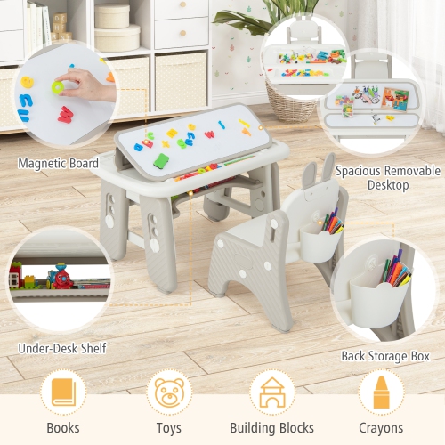 Ensemble table et chaises pour enfants avec étagère à dessus rabattable pour le rangement et le bureau