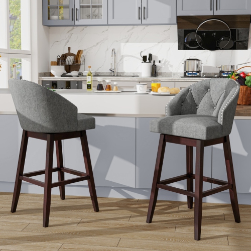 Set of 2 Swivel Bar Stools with Padded Back and Rubber Wood Legs