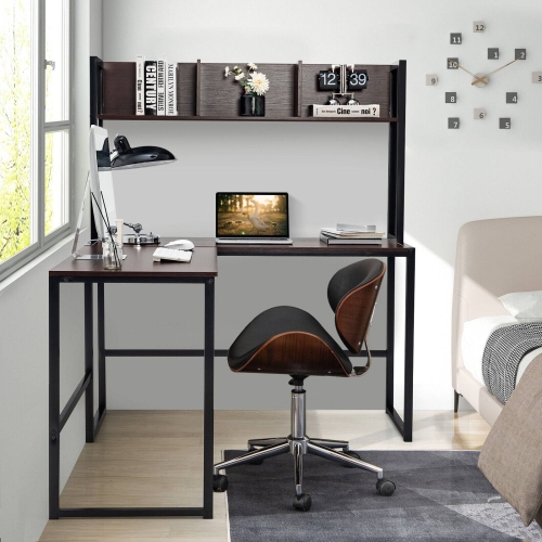 Industrial L-Shaped Desk with Bookshelf and Corner Computer Gaming Table