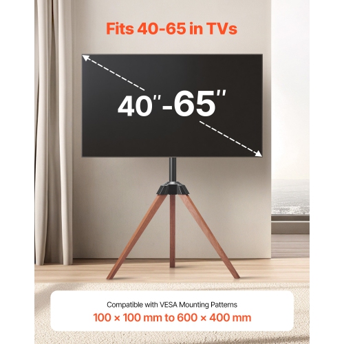 VEVOR 99 lbs Capacity Tripod Easel TV Stand, for 40-65 inch Flat Screen/Curved TVs, 18° Left-Right Rotation Portable TV Stand with Oak Wood Legs, for