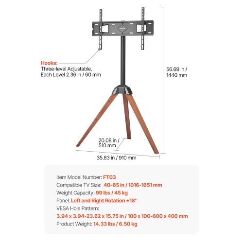 VEVOR 99 lbs Capacity Tripod Easel TV Stand, for 40-65 inch Flat Screen/Curved TVs, 18° Left-Right Rotation Portable TV Stand with Oak Wood Legs, for