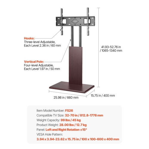 VEVOR 99 lbs Capacity Universal TV Stand, Table Top TV Stand for 32-70 inch Screens, Swivel and Height Adjustable TV Mount Stand with Power Strip,