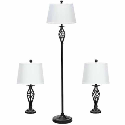 3-Piece Lamp Set with 2 Table Lamps and 1 Floor Lamp with Fabric Shades