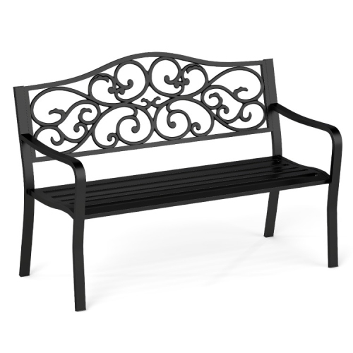SLICKBLUE  Classic Cast Iron Patio Bench Outdoor 50 Inch With Slatted Seat And Floral Backrest