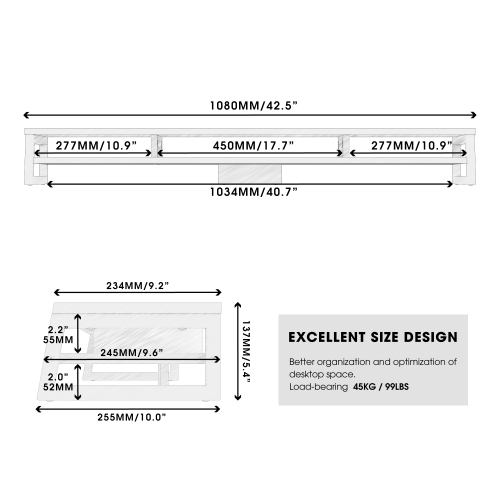 Fenge Monitor Stand, 42.5 in Dual Monitor Riser with Storage Space, 99lbs Weight Capacity Computer Desk Organizer for 2 monitors, Ergonomic Designed