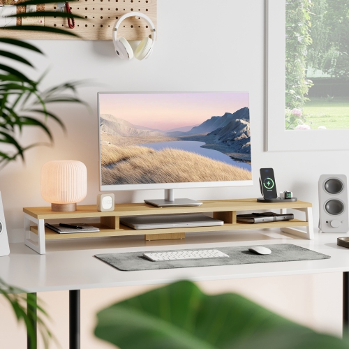 Fenge Monitor Stand, 42.5 in Dual Monitor Riser with Storage Space, 99lbs Weight Capacity Computer Desk Organizer for 2 monitors, Ergonomic Designed