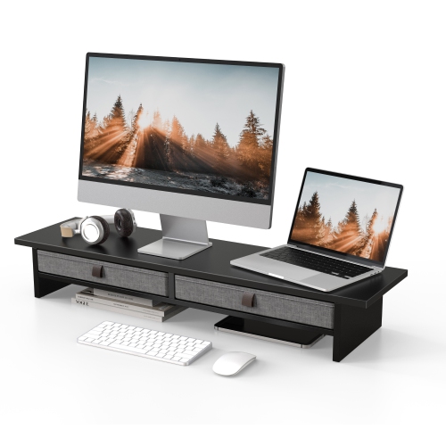 Fenge Dual Monitor Stand, 2 Tiers Monitor Riser for Desk, 35 Inch Computer Stand with 2 Drawer, Desk Shelf for Home, Office, Laptop, PC, TV, Printer