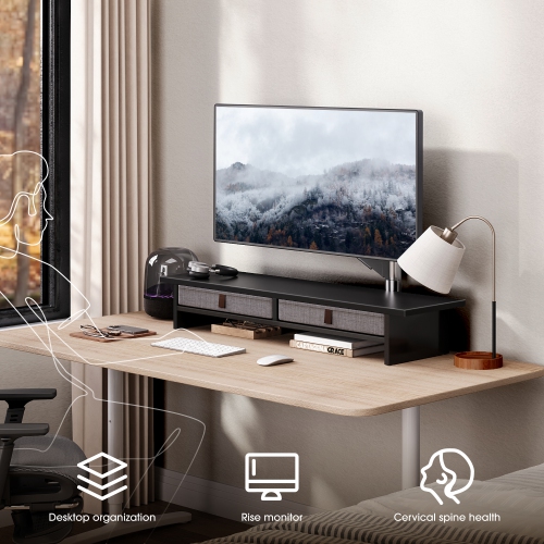 Fenge Dual Monitor Stand, 2 Tiers Monitor Riser for Desk, 35 Inch Computer Stand with 2 Drawer, Desk Shelf for Home, Office, Laptop, PC, TV, Printer