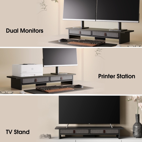 Fenge Dual Monitor Stand, 2 Tiers Monitor Riser for Desk, 35 Inch Computer Stand with 2 Drawer, Desk Shelf for Home, Office, Laptop, PC, TV, Printer