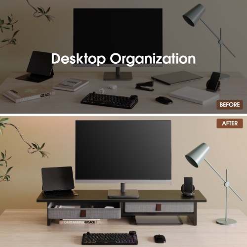 Fenge Dual Monitor Stand, 2 Tiers Monitor Riser for Desk, 35 Inch Computer Stand with 2 Drawer, Desk Shelf for Home, Office, Laptop, PC, TV, Printer