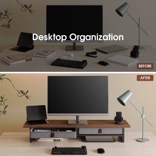 Fenge Dual Monitor Stand, 2 Tiers Monitor Riser for Desk, 35 Inch Computer Stand with 2 Drawer, Desk Shelf for Home, Office, Laptop, PC, TV, Printer