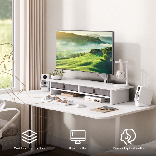 Fenge Dual Monitor Stand, 2 Tiers Monitor Riser for Desk, 35 Inch Computer Stand with 2 Drawer, Desk Shelf for Home, Office, Laptop, PC, TV, Printer