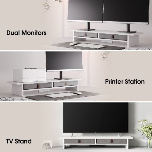 Fenge Dual Monitor Stand, 2 Tiers Monitor Riser for Desk, 35 Inch Computer Stand with 2 Drawer, Desk Shelf for Home, Office, Laptop, PC, TV, Printer