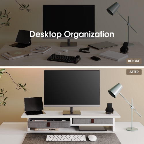 Fenge Dual Monitor Stand, 2 Tiers Monitor Riser for Desk, 35 Inch Computer Stand with 2 Drawer, Desk Shelf for Home, Office, Laptop, PC, TV, Printer