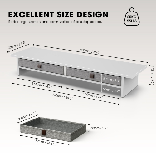 Fenge Dual Monitor Stand, 2 Tiers Monitor Riser for Desk, 35 Inch Computer Stand with 2 Drawer, Desk Shelf for Home, Office, Laptop, PC, TV, Printer