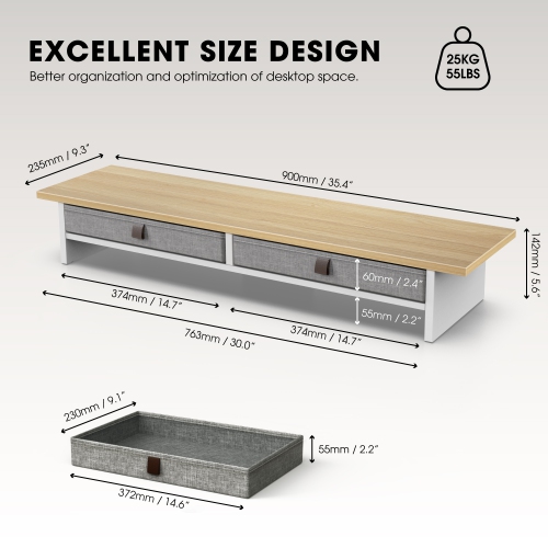 Fenge Dual Monitor Stand, 2 Tiers Monitor Riser for Desk, 35 Inch Computer Stand with 2 Drawer, Desk Shelf for Home, Office, Laptop, PC, TV, Printer
