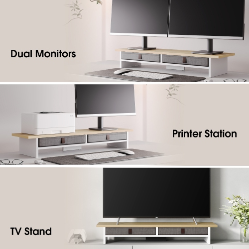 Fenge Dual Monitor Stand, 2 Tiers Monitor Riser for Desk, 35 Inch Computer Stand with 2 Drawer, Desk Shelf for Home, Office, Laptop, PC, TV, Printer