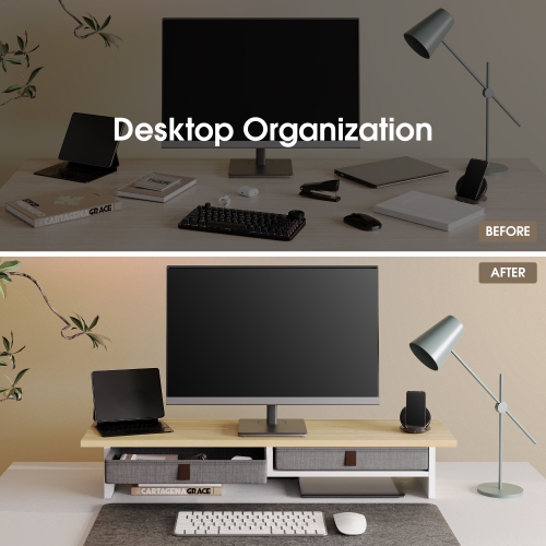 Fenge Dual Monitor Stand, 2 Tiers Monitor Riser for Desk, 35 Inch Computer Stand with 2 Drawer, Desk Shelf for Home, Office, Laptop, PC, TV, Printer