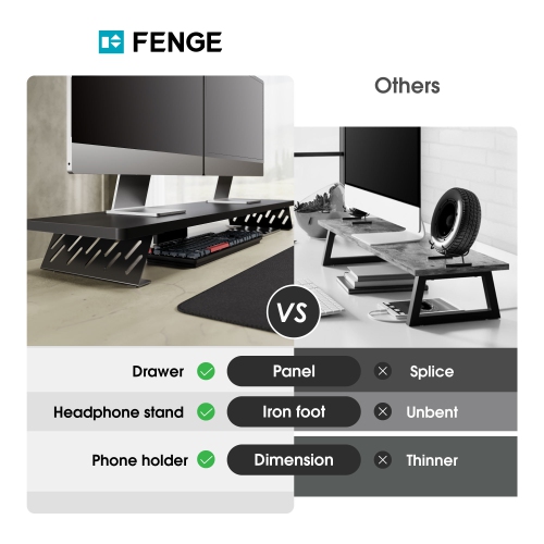 FENGE Dual Monitor Stand Riser, 42.5 Inch Desk Top Shelf for 2 Monitors, Computer Stands for Desk, Wood & Steel Desktop Riser for Laptop, PC, Printer