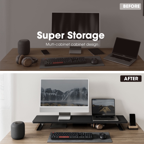 FENGE Dual Monitor Stand Riser, 42.5 Inch Desk Top Shelf for 2 Monitors, Computer Stands for Desk, Wood & Steel Desktop Riser for Laptop, PC, Printer