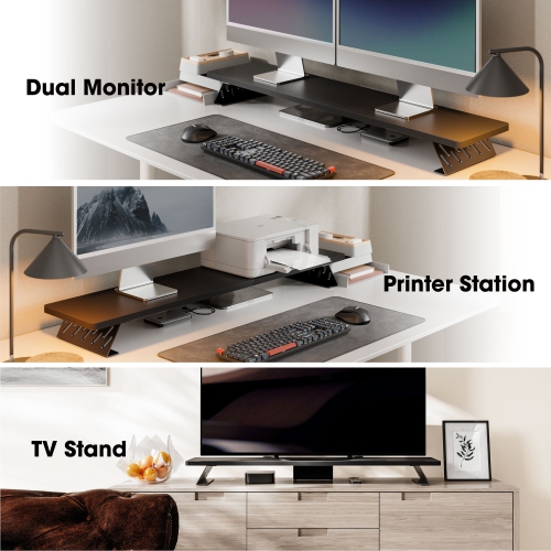 FENGE Dual Monitor Stand Riser, 42.5 Inch Desk Top Shelf for 2 Monitors, Computer Stands for Desk, Wood & Steel Desktop Riser for Laptop, PC, Printer