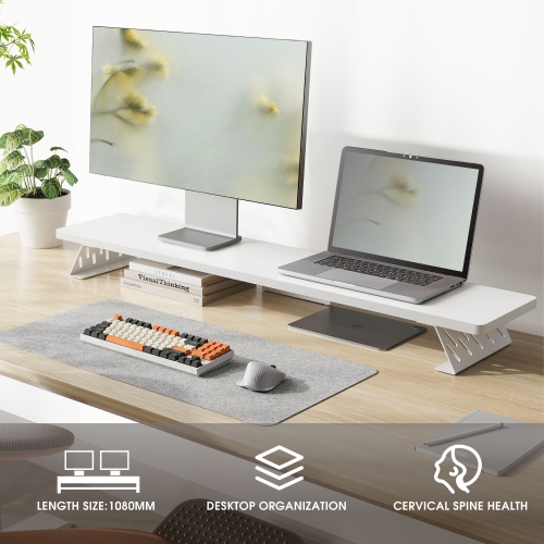 FENGE Dual Monitor Stand Riser, 42.5 Inch Desk Top Shelf for 2 Monitors, Computer Stands for Desk, Wood & Steel Desktop Riser for Laptop, PC, Printer