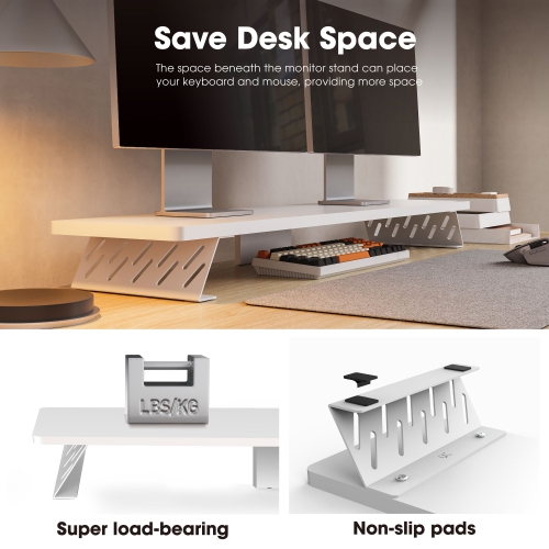 FENGE Dual Monitor Stand Riser, 42.5 Inch Desk Top Shelf for 2 Monitors, Computer Stands for Desk, Wood & Steel Desktop Riser for Laptop, PC, Printer