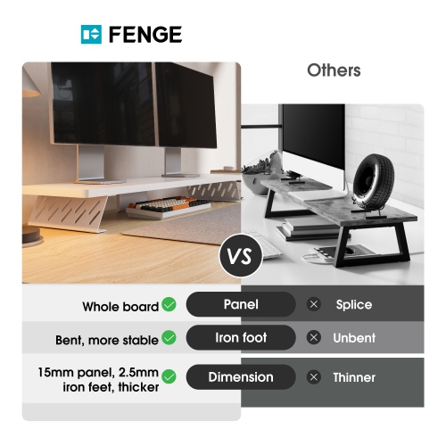 FENGE Dual Monitor Stand Riser, 42.5 Inch Desk Top Shelf for 2 Monitors, Computer Stands for Desk, Wood & Steel Desktop Riser for Laptop, PC, Printer
