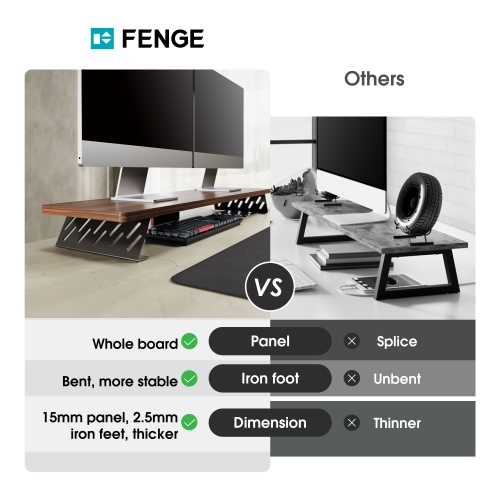 FENGE Dual Monitor Stand Riser, 42.5 Inch Desk Top Shelf for 2 Monitors, Computer Stands for Desk, Wood & Steel Desktop Riser for Laptop, PC, Printer