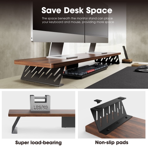 FENGE Dual Monitor Stand Riser, 42.5 Inch Desk Top Shelf for 2 Monitors, Computer Stands for Desk, Wood & Steel Desktop Riser for Laptop, PC, Printer