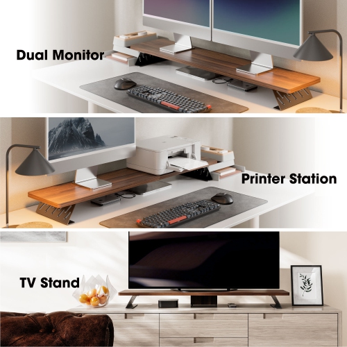 FENGE Dual Monitor Stand Riser, 42.5 Inch Desk Top Shelf for 2 Monitors, Computer Stands for Desk, Wood & Steel Desktop Riser for Laptop, PC, Printer