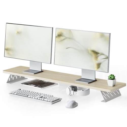 FENGE Dual Monitor Stand Riser, 42.5 Inch Desk Top Shelf for 2 Monitors, Computer Stands for Desk, Wood & Steel Desktop Riser for Laptop, PC, Printer
