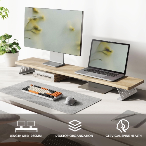 FENGE Dual Monitor Stand Riser, 42.5 Inch Desk Top Shelf for 2 Monitors, Computer Stands for Desk, Wood & Steel Desktop Riser for Laptop, PC, Printer