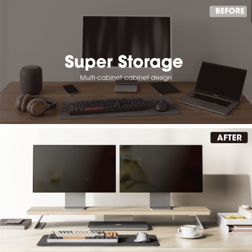 FENGE Dual Monitor Stand Riser, 42.5 Inch Desk Top Shelf for 2 Monitors, Computer Stands for Desk, Wood & Steel Desktop Riser for Laptop, PC, Printer