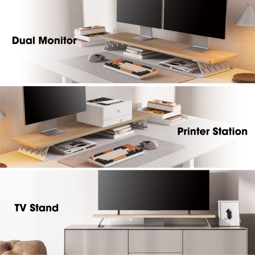 FENGE Dual Monitor Stand Riser, 42.5 Inch Desk Top Shelf for 2 Monitors, Computer Stands for Desk, Wood & Steel Desktop Riser for Laptop, PC, Printer