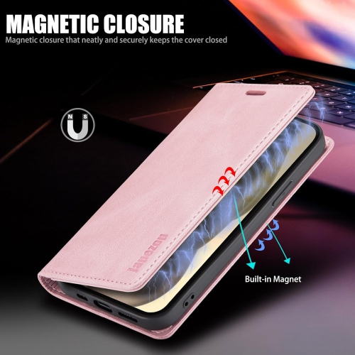 Leather Wallet Case for iPhone 16E - Folding Flap Case with Credit Card Holder and Magnetic Closure - Pink