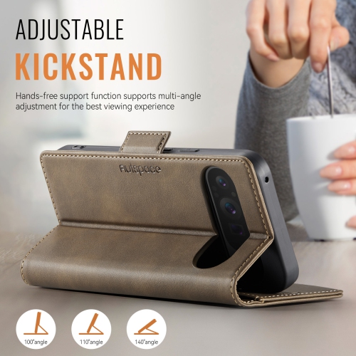 Leather Wallet Case for Google Pixel 9/9 Pro - Folding Flap Case with Credit Card Holder and Magnetic Closure - Brown