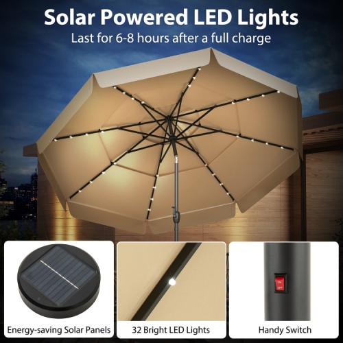 Patio Umbrella with Solar Power and 3-Tier Vent for Outdoor Shade