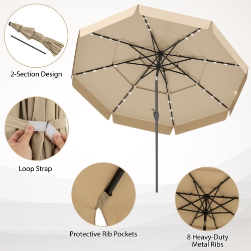 Patio Umbrella with Solar Power and 3-Tier Vent for Outdoor Shade