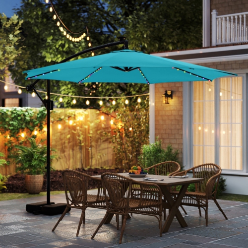 Parasol solaire suspendu d'extérieur avec base et lampes LED intégrées