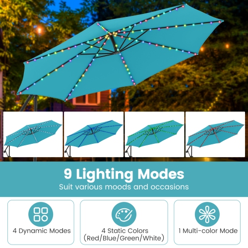 Parasol solaire suspendu d'extérieur avec base et lampes LED intégrées