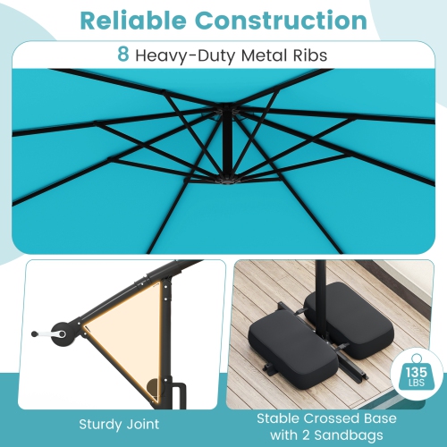 Parasol solaire suspendu d'extérieur avec base et lampes LED intégrées