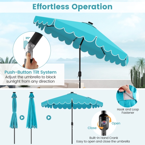 Outdoor Solar Umbrella with LED Lights, Vented Top, and Decorative Edge